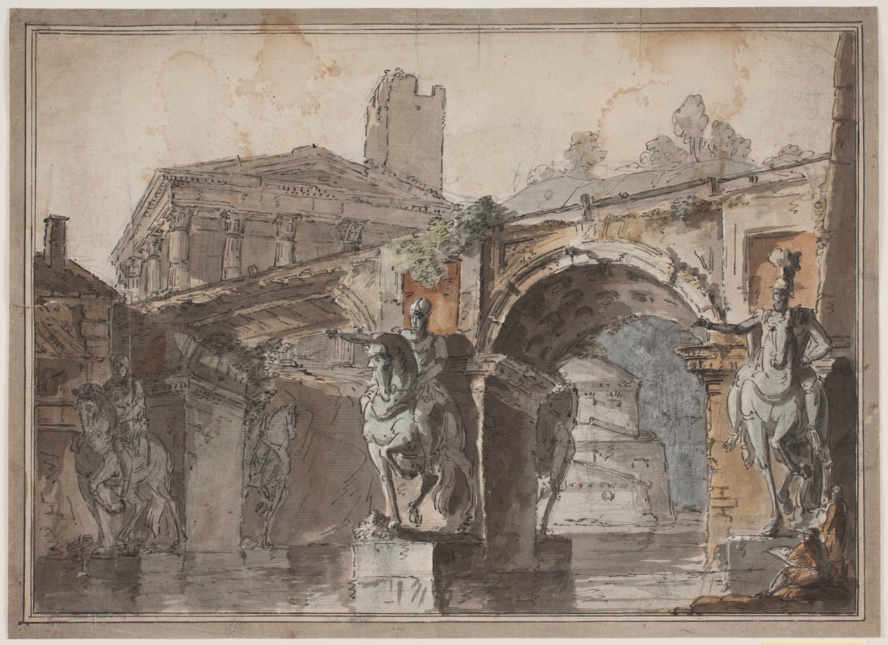Perspectiva "romana" com ponte, ruínas do templo e estátua equestre de Jens Petersen Lund