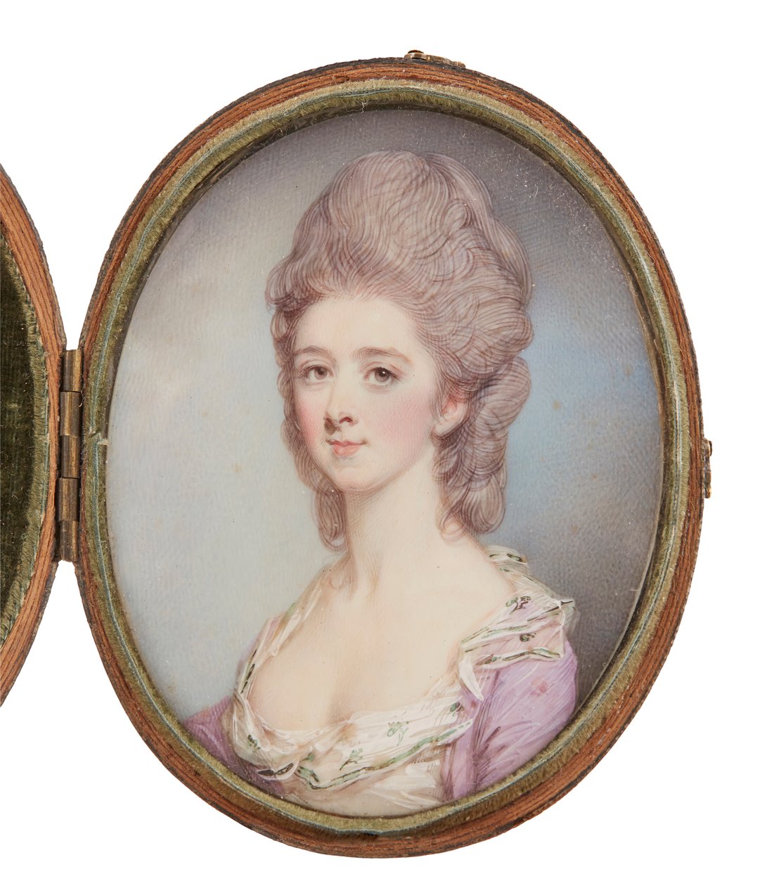 Miniatura do retrato de uma senhora (aguarela e cor sobre marfim) de Jeremiah Meyer