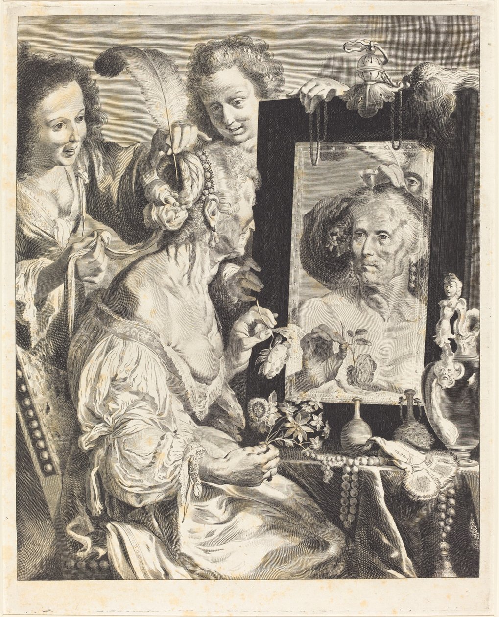 Uma velha na mesa de toalete de Jeremias Falck after Johann Liss after Bernardo Strozzi