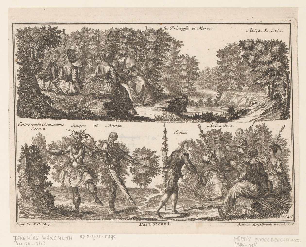 Duas cenas de teatro com figuras numa paisagem arborizada
Les Princesses et Moron (título sobre o objecto) de Jeremias Wachsmuth