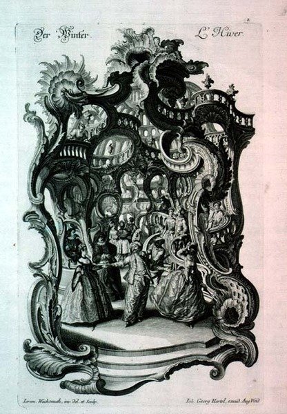 Winter, folha de música rococó retratando um baile de fantasia, pub. por Johann Georg Hertel de Jeremias Wachsmuth