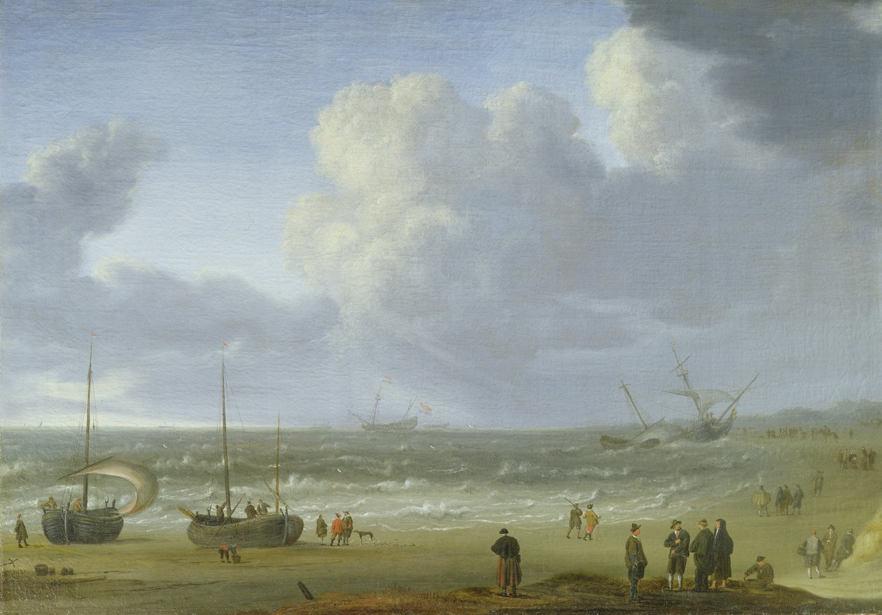 Navios em um estuário com pescadores por um molhe de Jeronimus van Diest