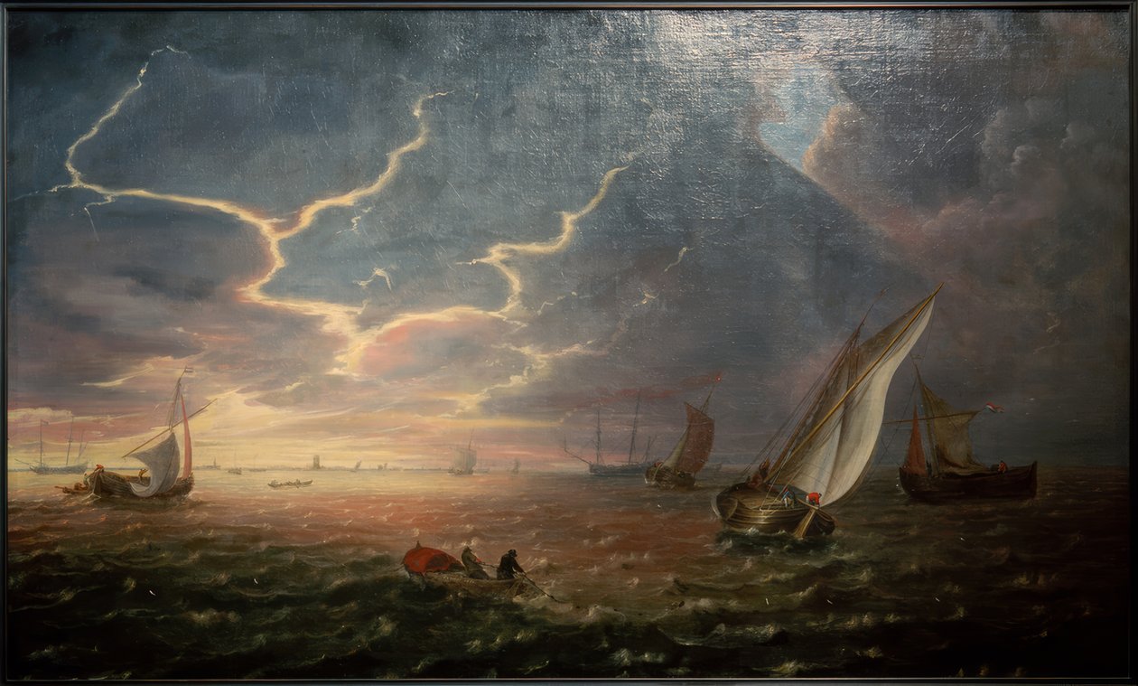 Navios à vela no mar agitado ao pôr do sol de Jeronimus van Diest