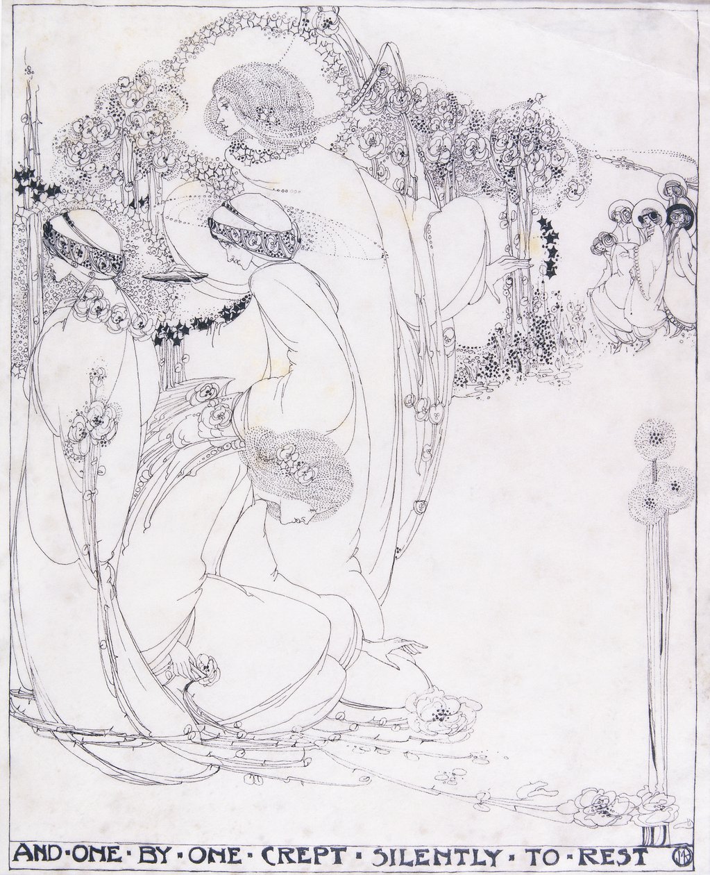 E Um por Um Crepto em Silêncio para Descansar, c.1902-3 (caneta e tinta preta em velino) de Jessie Marion King