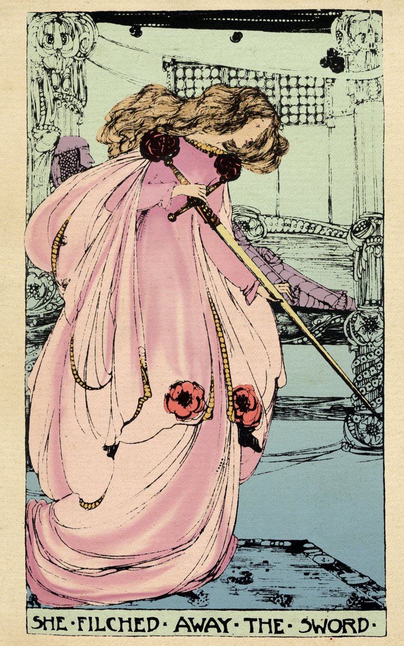 A Fada Morgane rouba a Excalibur para que o seu amante a utilize contra o Rei Artur. Ilustração de Jessie Marion King (1875-1949) para o livro "" The High History of the Holy Grail" de Perceval the Welsh, cavaleiro da mesa redonda" de Sebastian Evans (1830 de Jessie Marion King