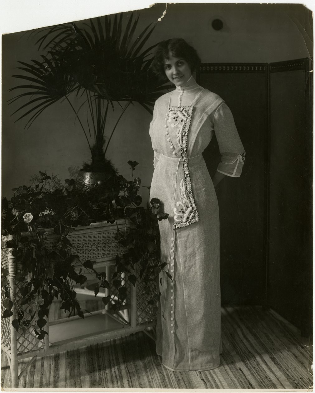 Material turco cinzento com bordado preto e branco, Lord & Taylor, c.1905-18 (foto em prata gelatina) de Jessie Tarbox Beals