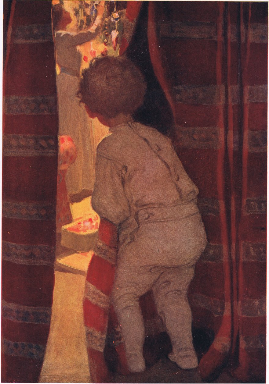 Desceu as escadas para dar uma espreitadela no salão (cor litho) de Jessie Willcox Smith