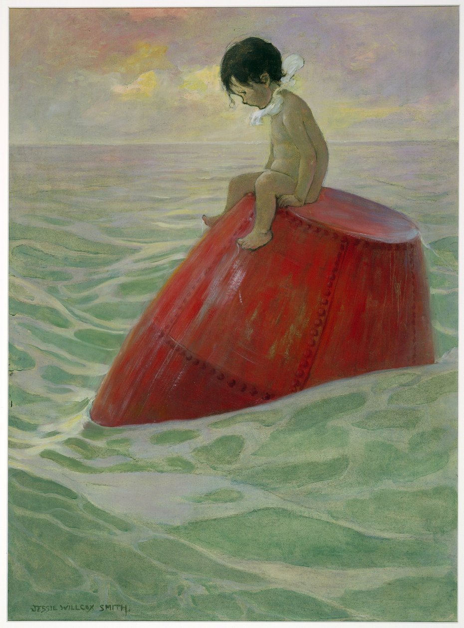 Tom sentou-se na bóia por longos dias, de The Water Babies, de Charles Kingsley, pub. 1916 (lito colorido) de Jessie Willcox Smith