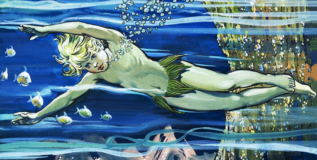 Rapaz a nadar, ilustração de "The Water Babies" de Charles Kingsley (guache sobre papel) de Jesus Blasco