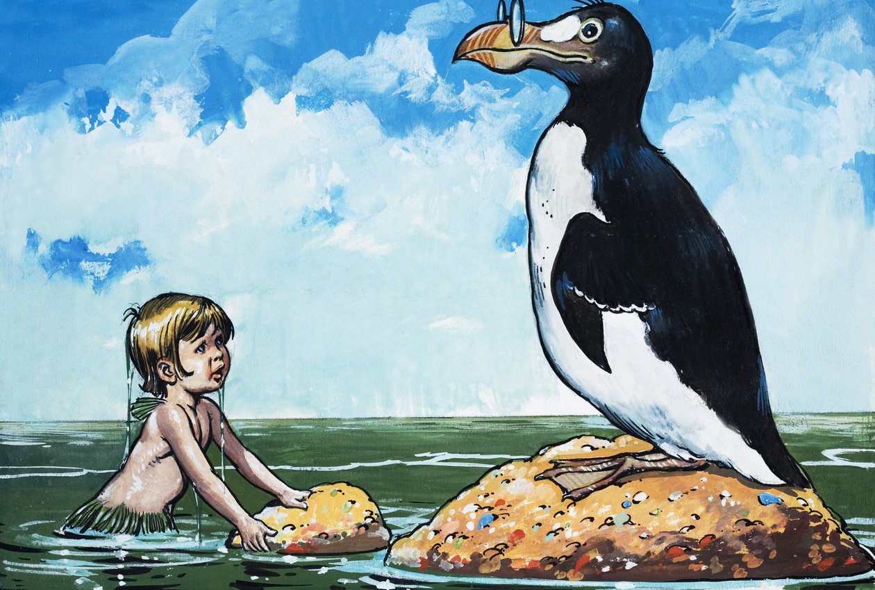 Boy and A Garefowl, ilustração de "The Water Babies" de Charles Kingsley (guache sobre papel) de Jesus Blasco