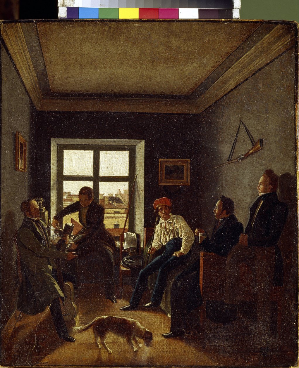 Sete horas da noite (noite literária). Pintura de Evgraf Fyodorovich Krendovski (1810- depois de 1853), óleo sobre tela, ca. 1820. Arte russa de Jevgraf Fiodorovitch Krendovsky