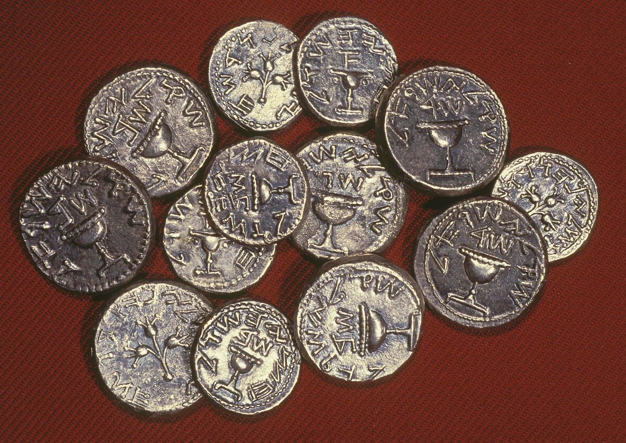 Um tesouro de shekels, Jerusalém de Herodes, c.66-70 dC (prata) de Jewish School