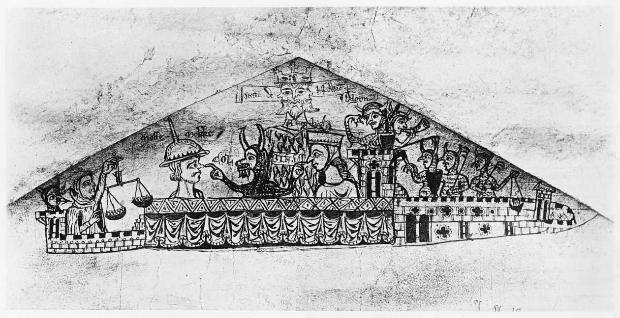 Caricatura de judeus ingleses, de uma Hagadá, do século XII ao XIII de Jewish School