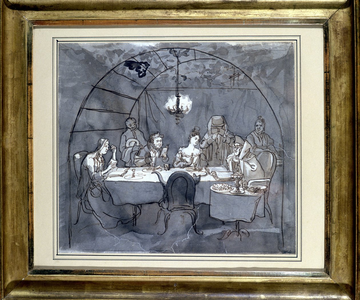 Fête des Cabanes no restaurante Kasher, da família de Moses Ulmann. Desenho sobre papel, lavagem com caneta em 1831 35,5 x 31,3 cm. (JM 189) Museu Judaico da Basiléia, Suíça. de Jewish School