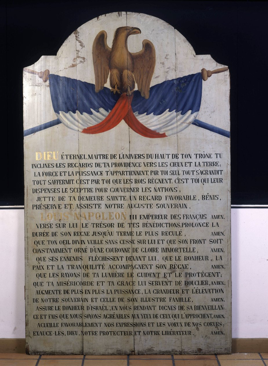 Inscrição em madeira: Oração judaica em francês pelo Imperador Napoleão III. Alsácia do século XIX de Jewish School