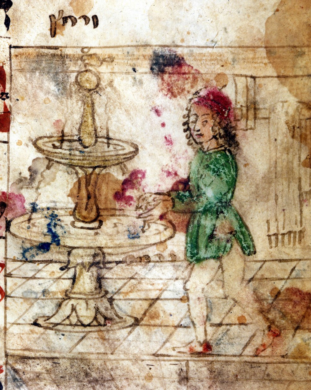 Judaísmo: ablução ritual. Miniatura tirada de uma página de um Machazor em hebraico. Século XV. Biblioteca Palatina, Parma de Jewish School