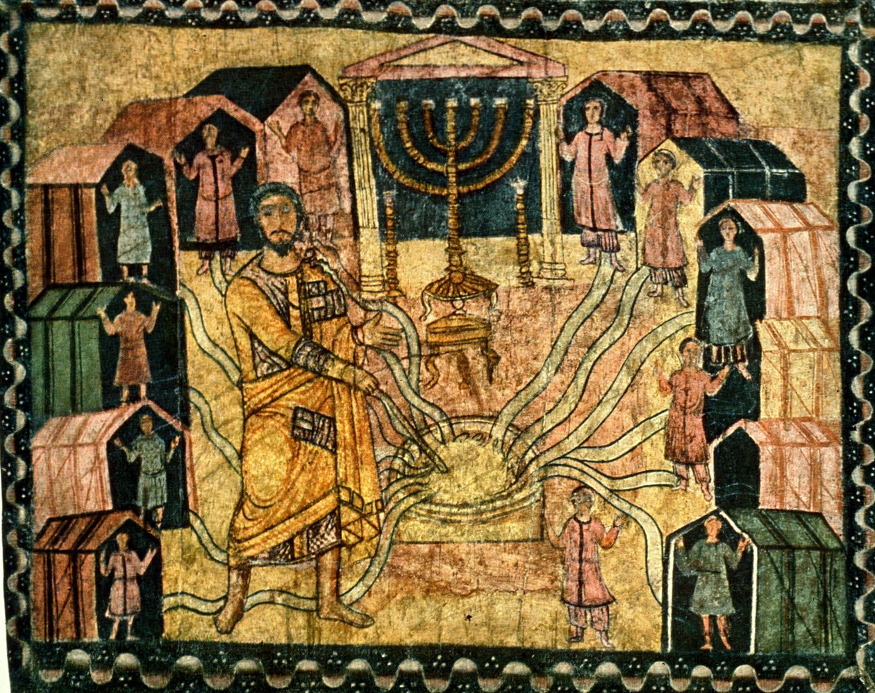 O acampamento na cerveja e o poço milagroso (tempera sobre gesso) de Jewish School