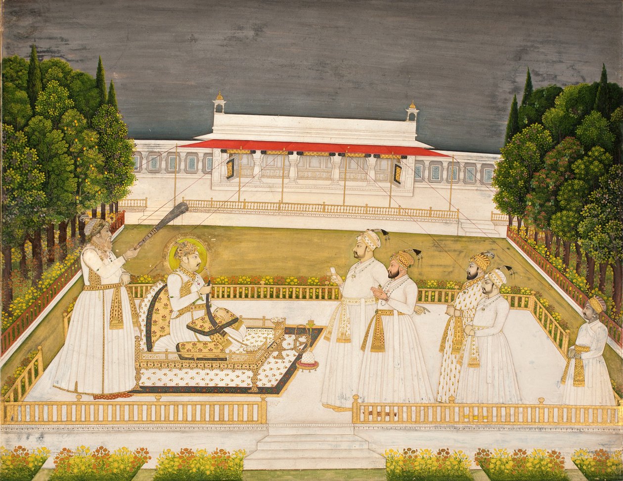 Muhammad Shah entronizado em um terraço à noite com seus oficiais, c.1735 (wc opaco e ouro no papel) de Jharokha Nidha Mal
