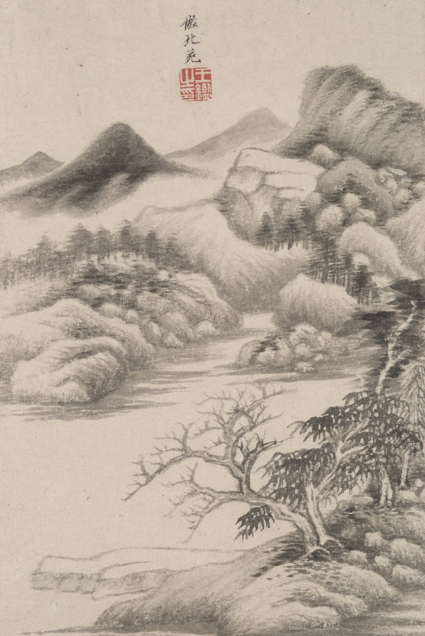 Paisagem no estilo de vários mestres antigos: no estilo de Dong Yuan, 1669 (tinta e cor no papel) de Wang Jian