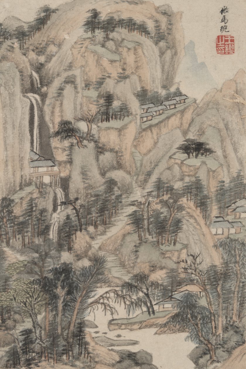 Paisagem no estilo de vários mestres antigos: no estilo de Ma Wan, 1669 (tinta e cor no papel) de Wang Jian