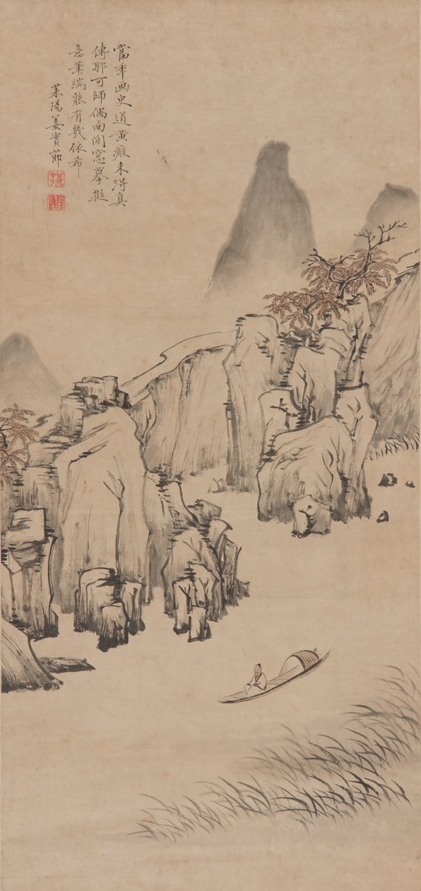 Paisagem fluvial com o homem em um barco, dinastia Qing, final do século XVII ao início do século XVIII (tinta e cor no papel) de Jiang Shijie
