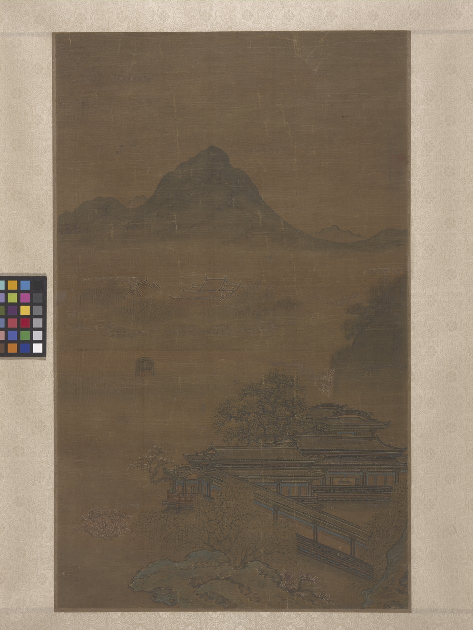 Pavilhões Palaciais Nas Névoas da Primavera (tinta, cor e ouro sobre seda) de Jiang Yuan
