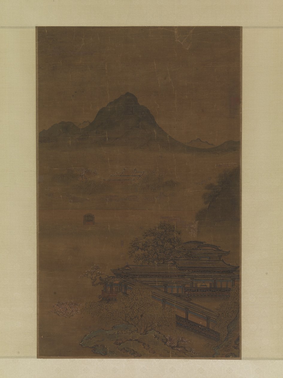 Pavilhões Palaciais Nas Névoas da Primavera (tinta, cor e ouro sobre seda) de Jiang Yuan
