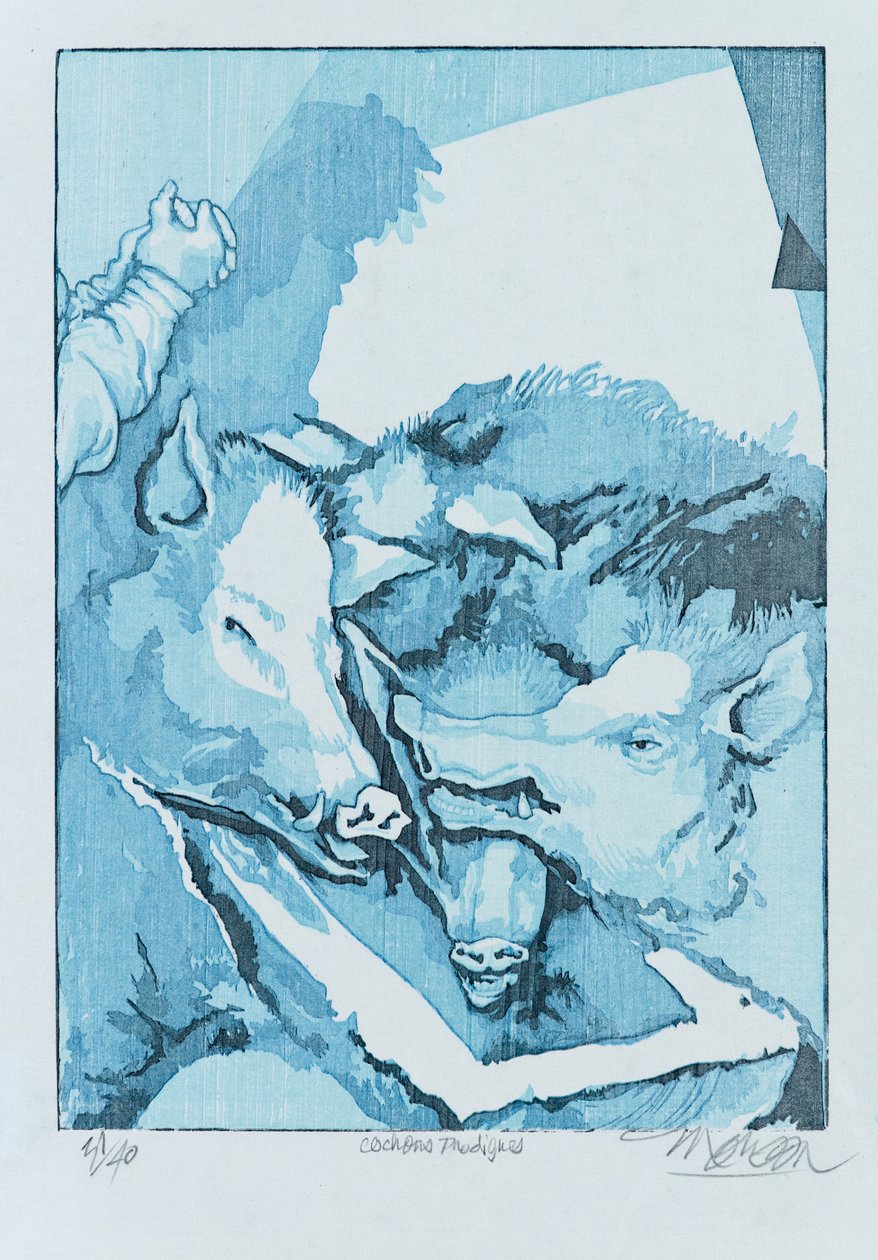 Porcos pródigos, 2015 (xilogravura) de Jim Monson