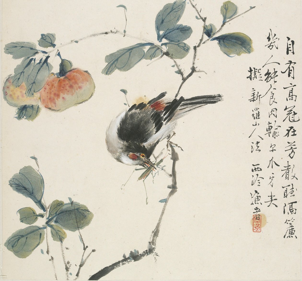 Um Hwamei chinês comendo um gafanhoto, 1857 de Jin Yuan