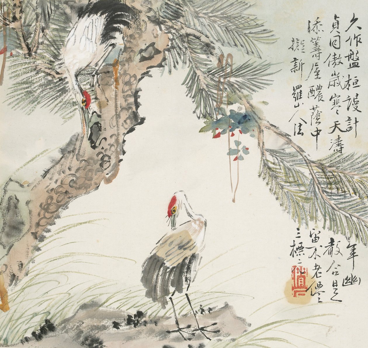 Um par de guindastes por um pinheiro, 1857 de Jin Yuan