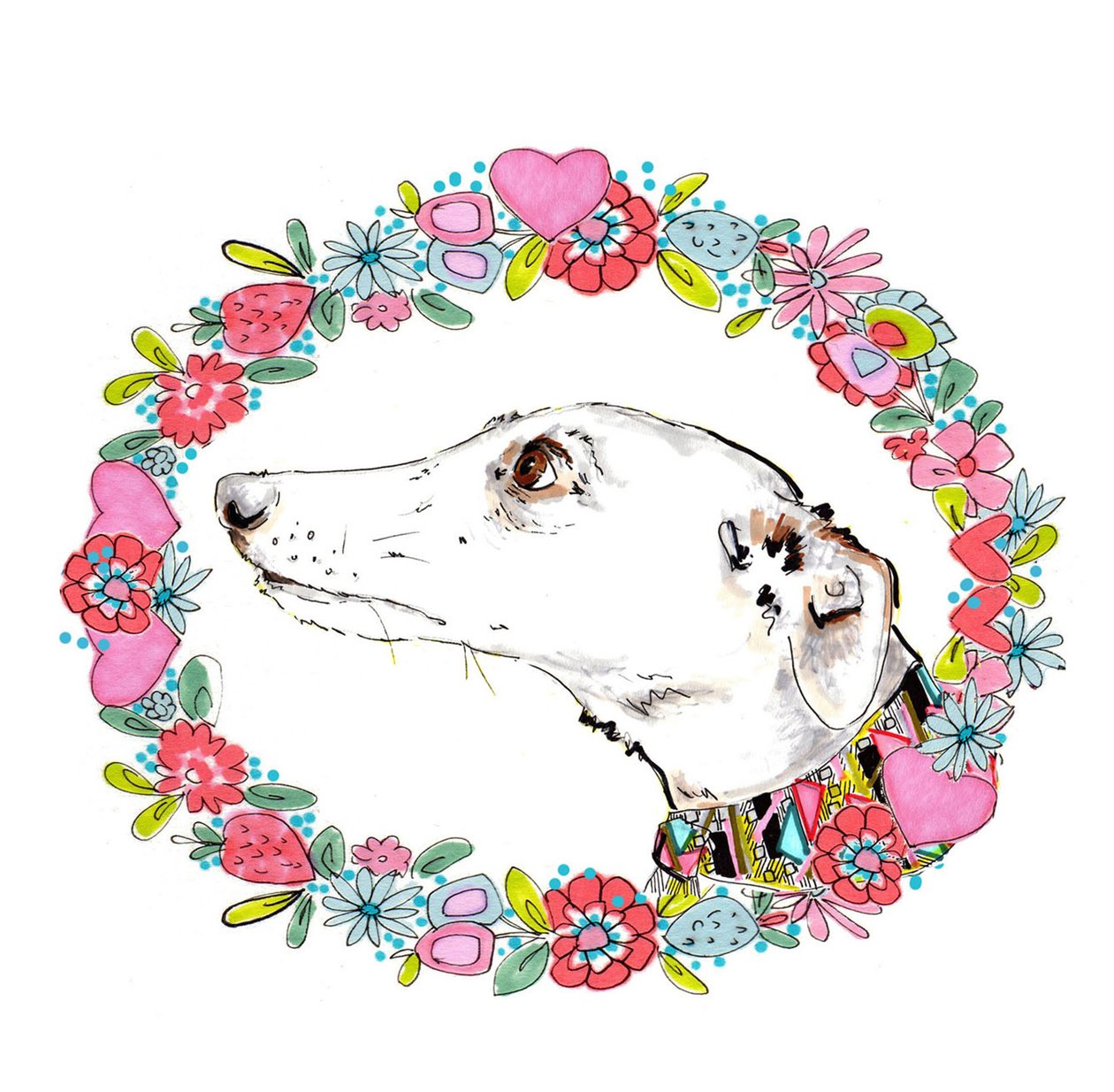 Silvertips Greyhound Com Borda Floral, 2012 (caneta e tinta, digital) de Jo Chambers