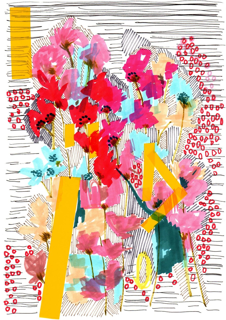 Doodle floral 3, 2013 (caneta, tinta, colagem e papel) de Jo Chambers
