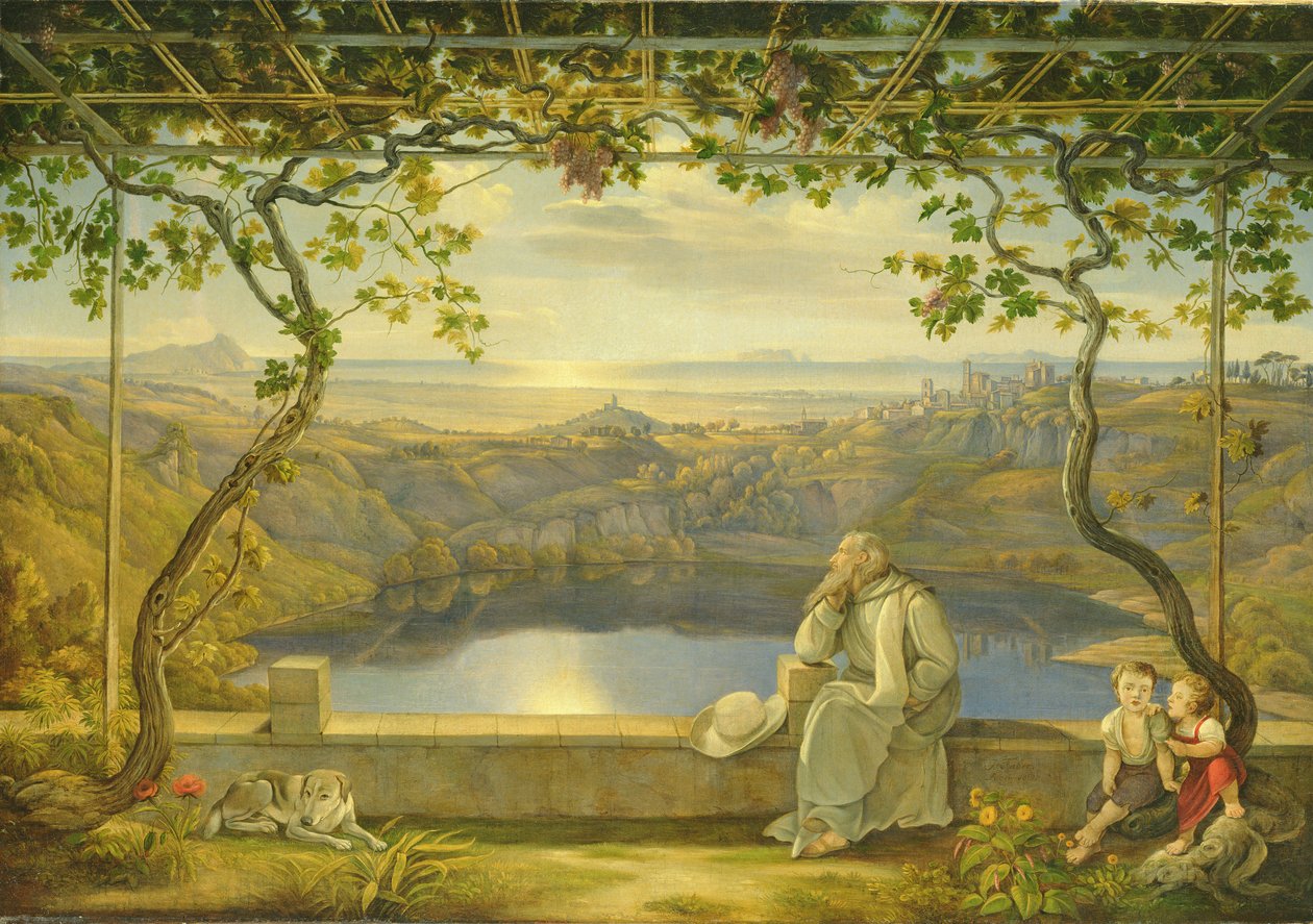 Um monge em um terraço no lago Nemi, 1818 de Joachim Faber