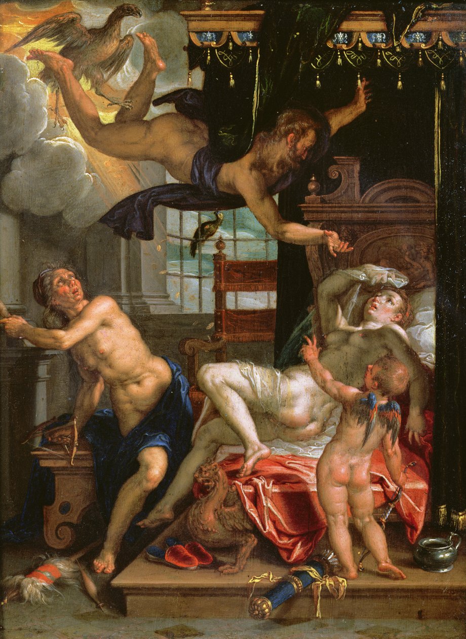 Júpiter e Danae (óleo em cobre) de Joachim Wtewael or Utewael