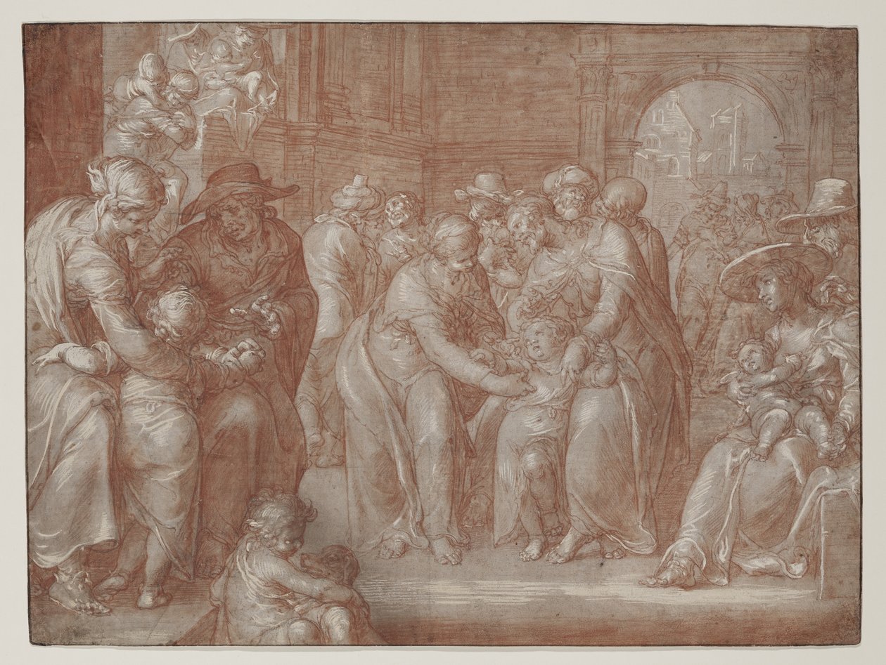 Sofre as crianças pequenas para vir até mim, c.1621 (giz vermelho sobre giz preto, aumentado com branco no papel) de Joachim Wtewael or Utewael