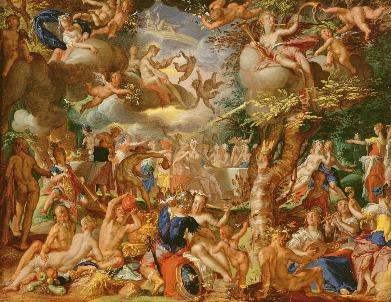 O casamento de Cupido e Psique (óleo sobre cobre) de Joachim Wtewael or Utewael