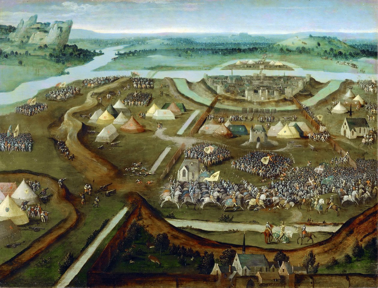 Arte Neerlandesa Antiga : La bataille de Pavie - A Batalha de Pavia par Patinier (Patenier ou Patinir), Joachim, seguidor de , ca. 1530. Óleo sobre madeira, 31x41. Museu de História de Arte, Vienne de Joachim (follower of) Patenier or Patinir