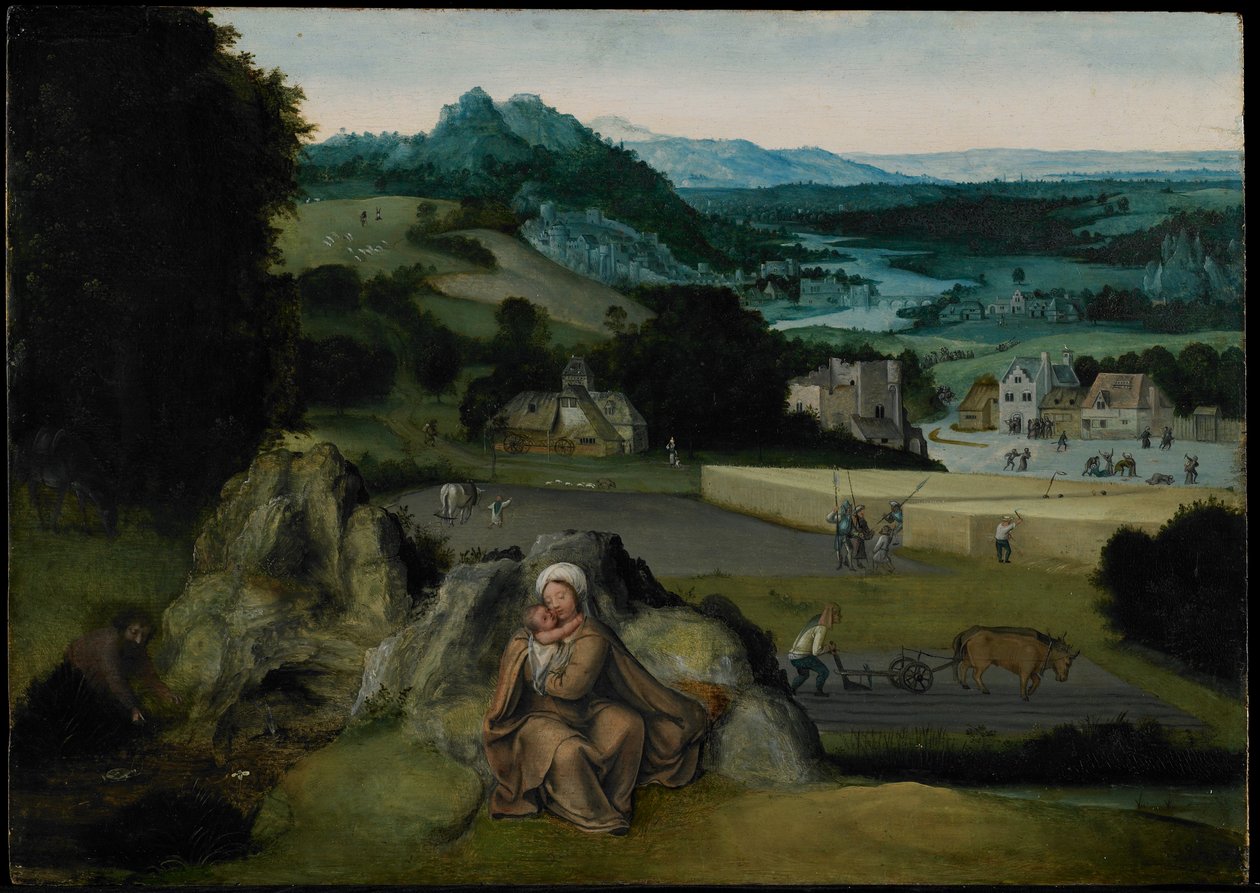 O resto no voo para o Egipto (O Campo Milagroso de Trigo) c.1518-24 (óleo sobre painel) de Joachim (workshop of) Patinir