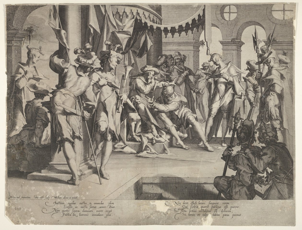 O Juiz Viés Derramando Lágrimas, placa IX de Thronus Justitiæ, 1605 de Joachim Anthonisz Wtewael