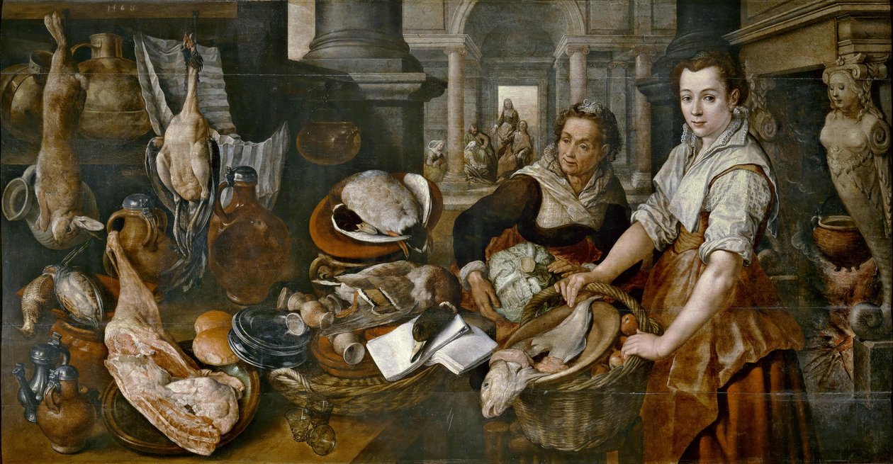Espanhol:  Cristo en casa de Marta y María Cristo em casa de Marta e Maria de Joachim Beuckelaer