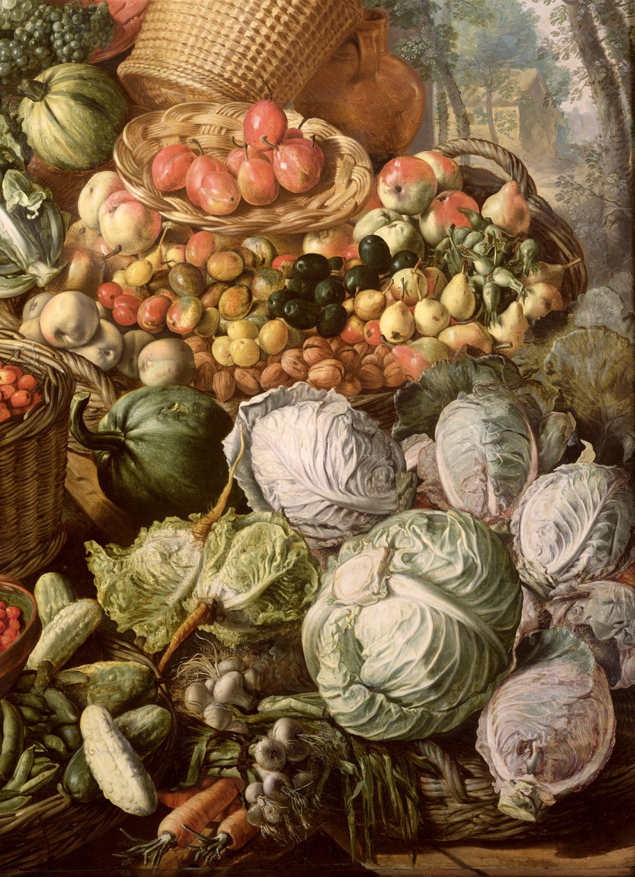 Detalhe de natureza morta com frutas, legumes e uma mulher de mercado, 1564 (óleo em (ver 247452 e 247450) de Joachim Beuckelaer