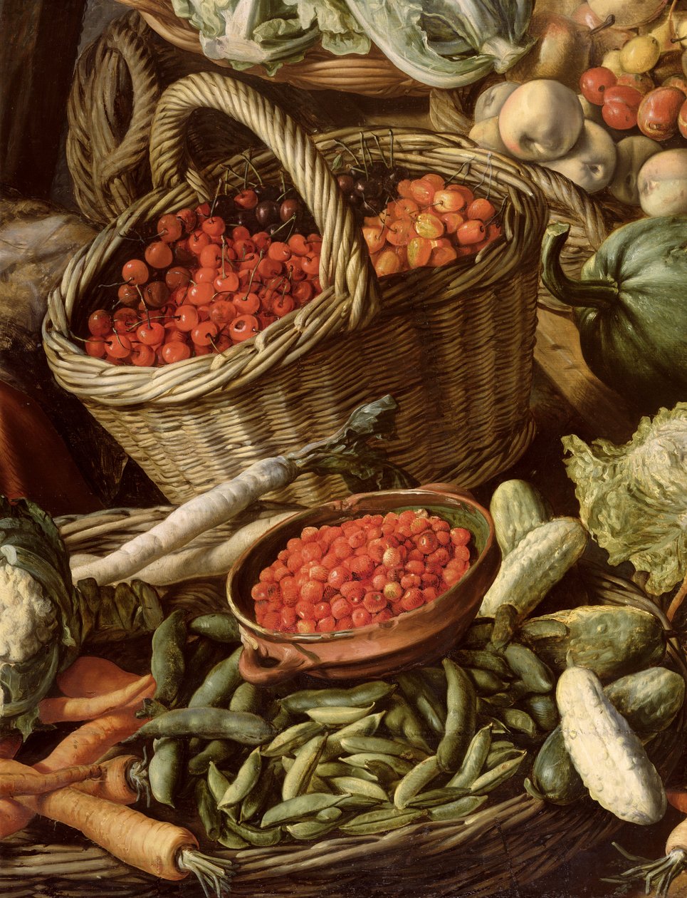 Detalhe da vida ainda com frutas, legumes e uma mulher de mercado, 1564 (ver 247452 e 247451) de Joachim Beuckelaer