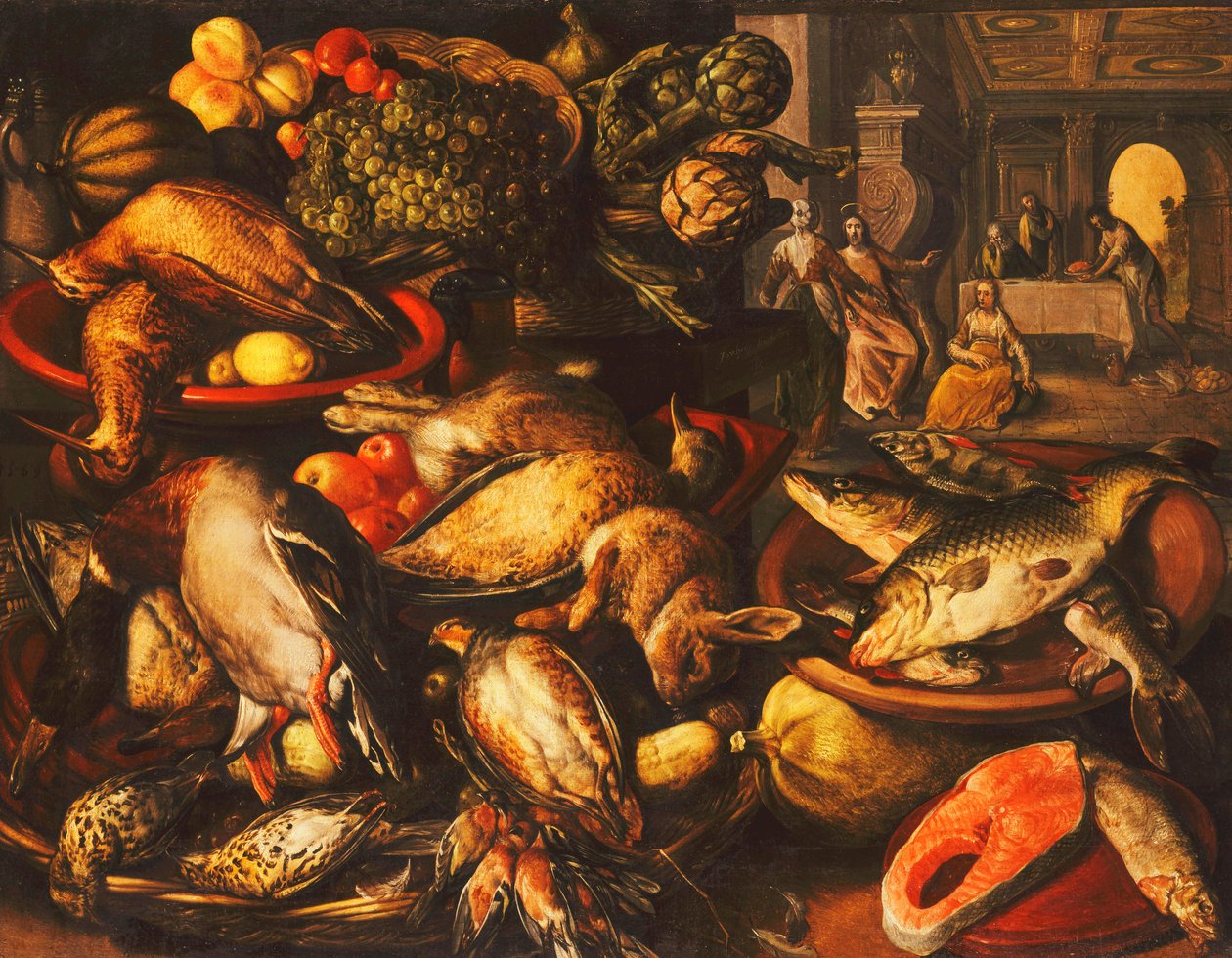 Caça, peixe, frutas e legumes em cestas e tigelas em uma despensa, 1569 de Joachim Beuckelaer