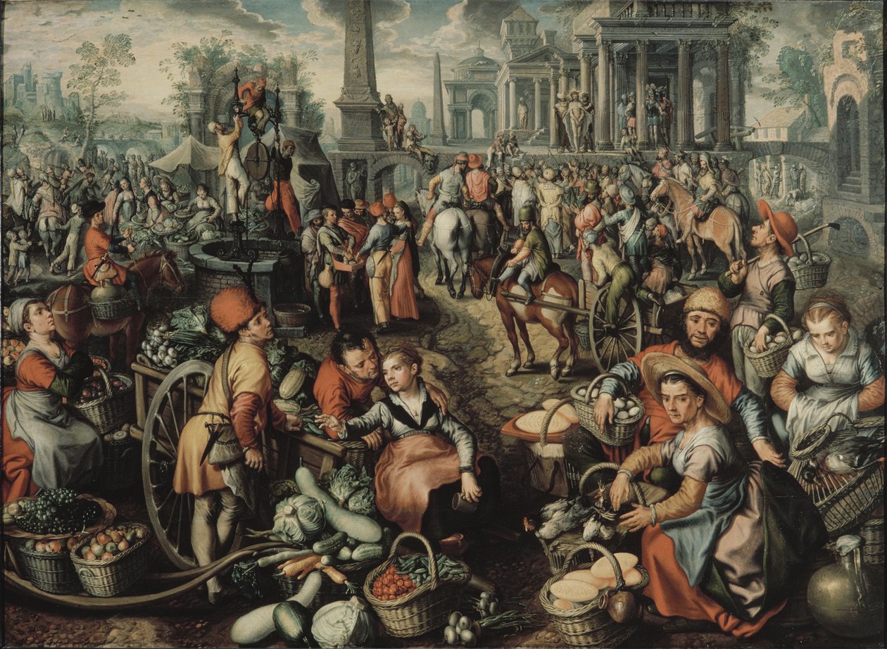 Cena do Mercado: Ecce Homo, a Flagelação e o Transporte da Cruz, 1561 de Joachim Beuckelaer