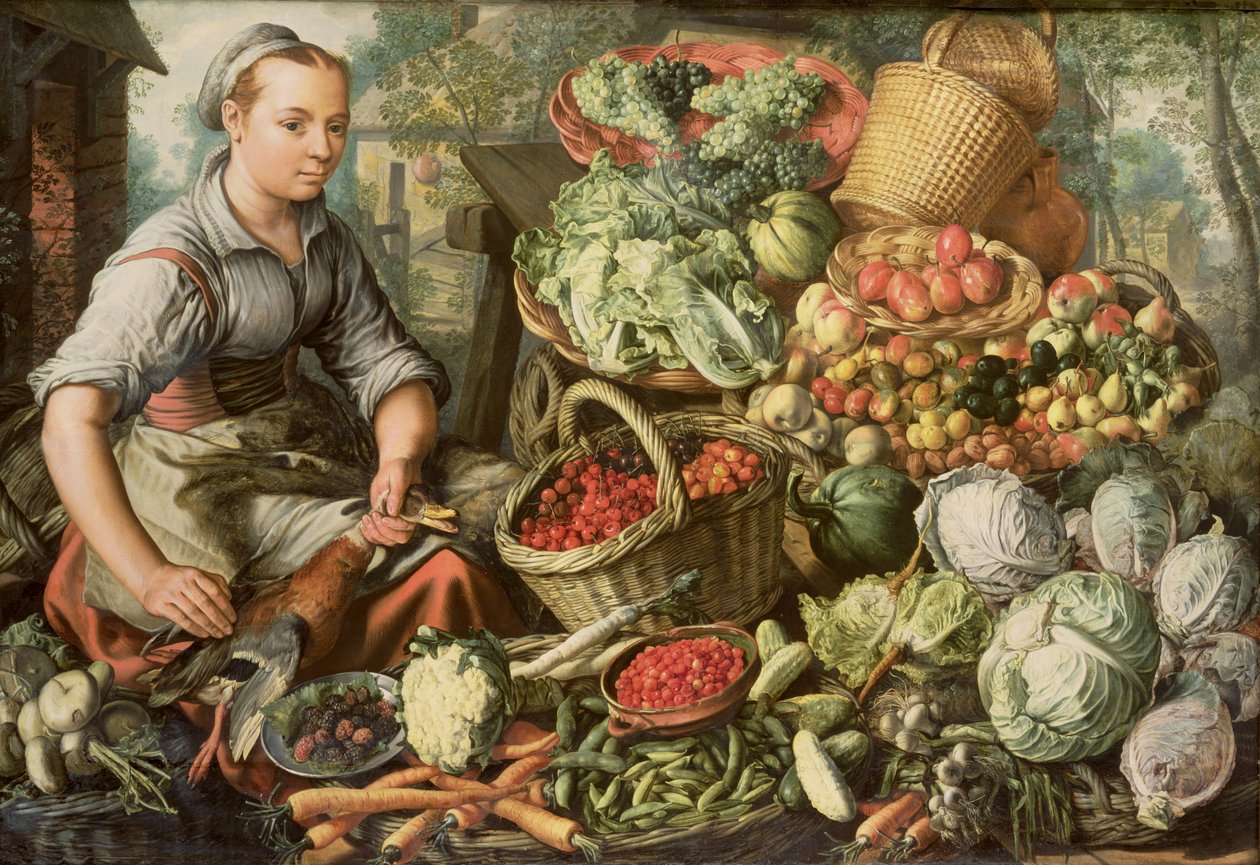 Ainda vida com frutas, legumes e uma mulher de mercado, 1564 de Joachim Beuckelaer