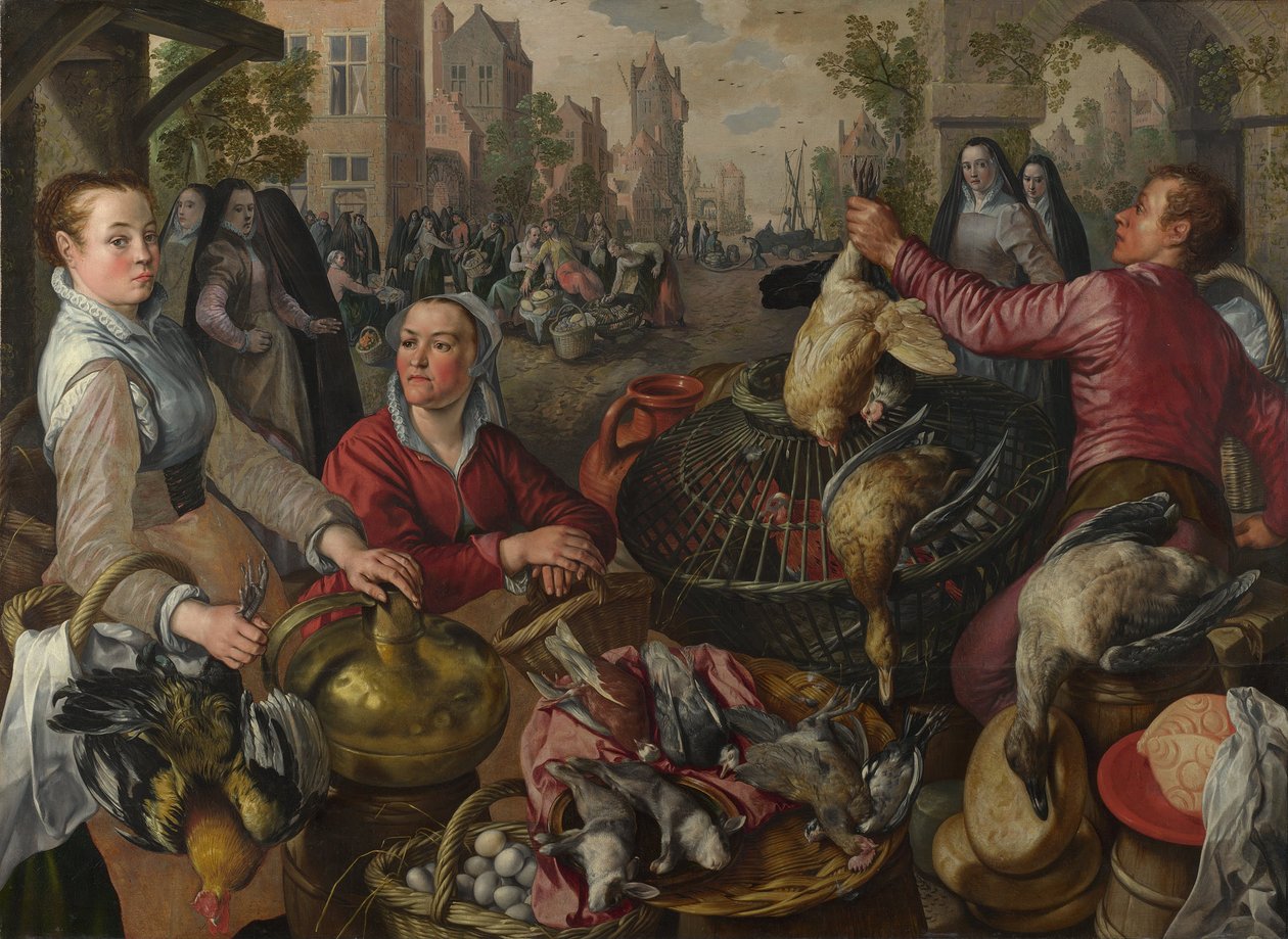 Os quatro elementos: uma barraca de aves em uma cidade com o filho pródigo além - uma alegoria do ar, 1569 de Joachim Beuckelaer