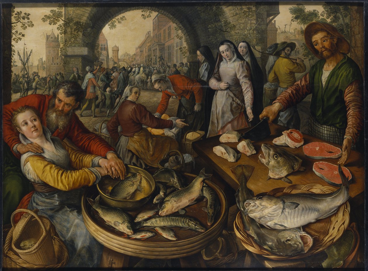 Un marche au poissons avec scene de Ecce Homo - A Fish Market with Ecce Homo, de Beuckelaer, Joachim (ca. 1533-1574). Óleo sobre madeira de Joachim Beuckelaer