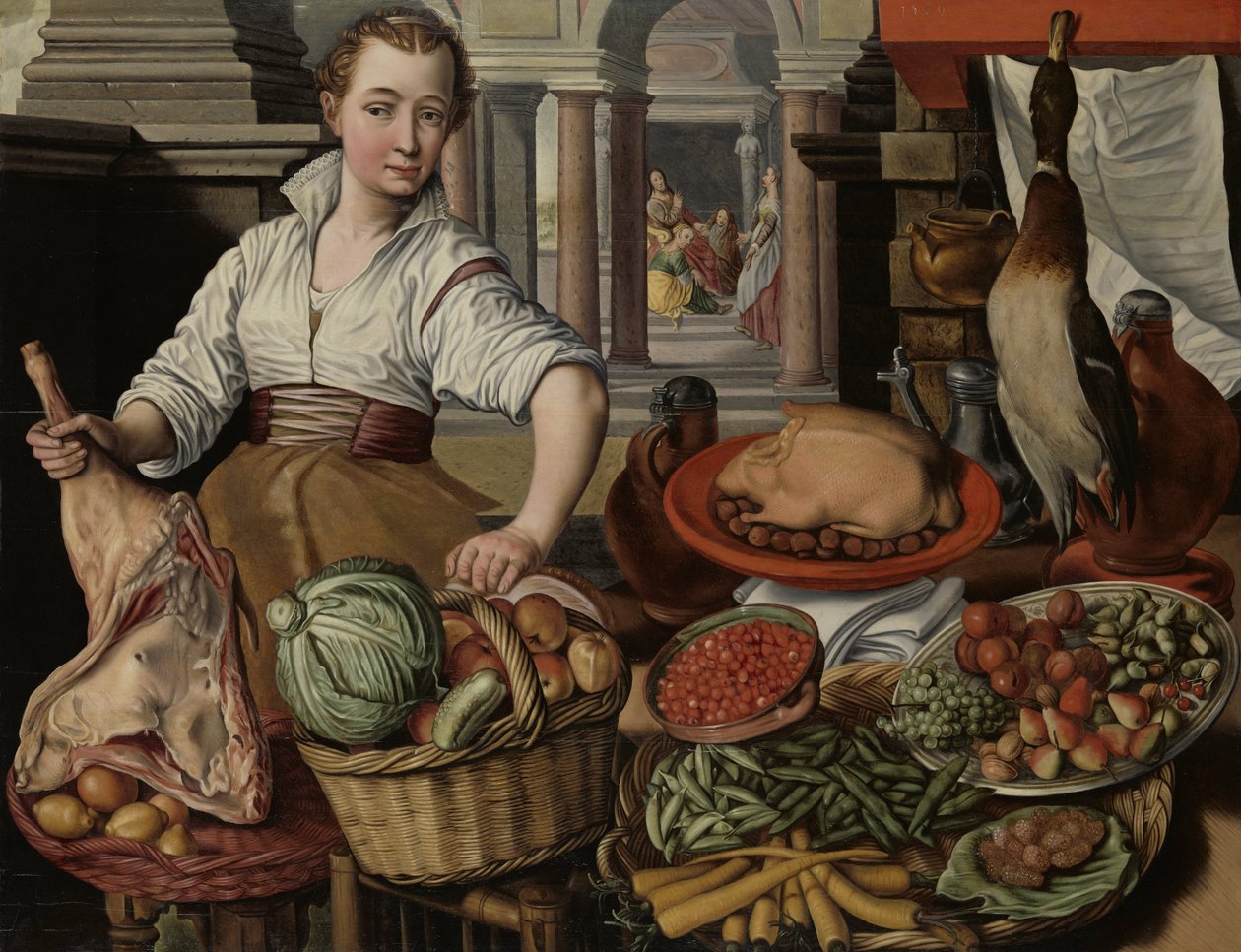 Cena da cozinha, com Jesus na Casa de Marta e Maria ao fundo de Joachim Bueckelaer (copy after)