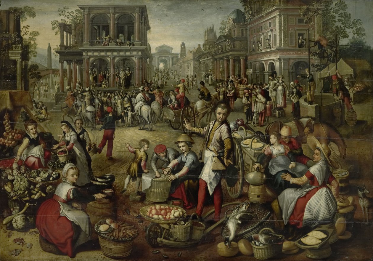 Mercado, com o Flagellation, o Ecce Homo e o Bearing of the Cross como pano de fundo de Joachim Bueckelaer (copy after)