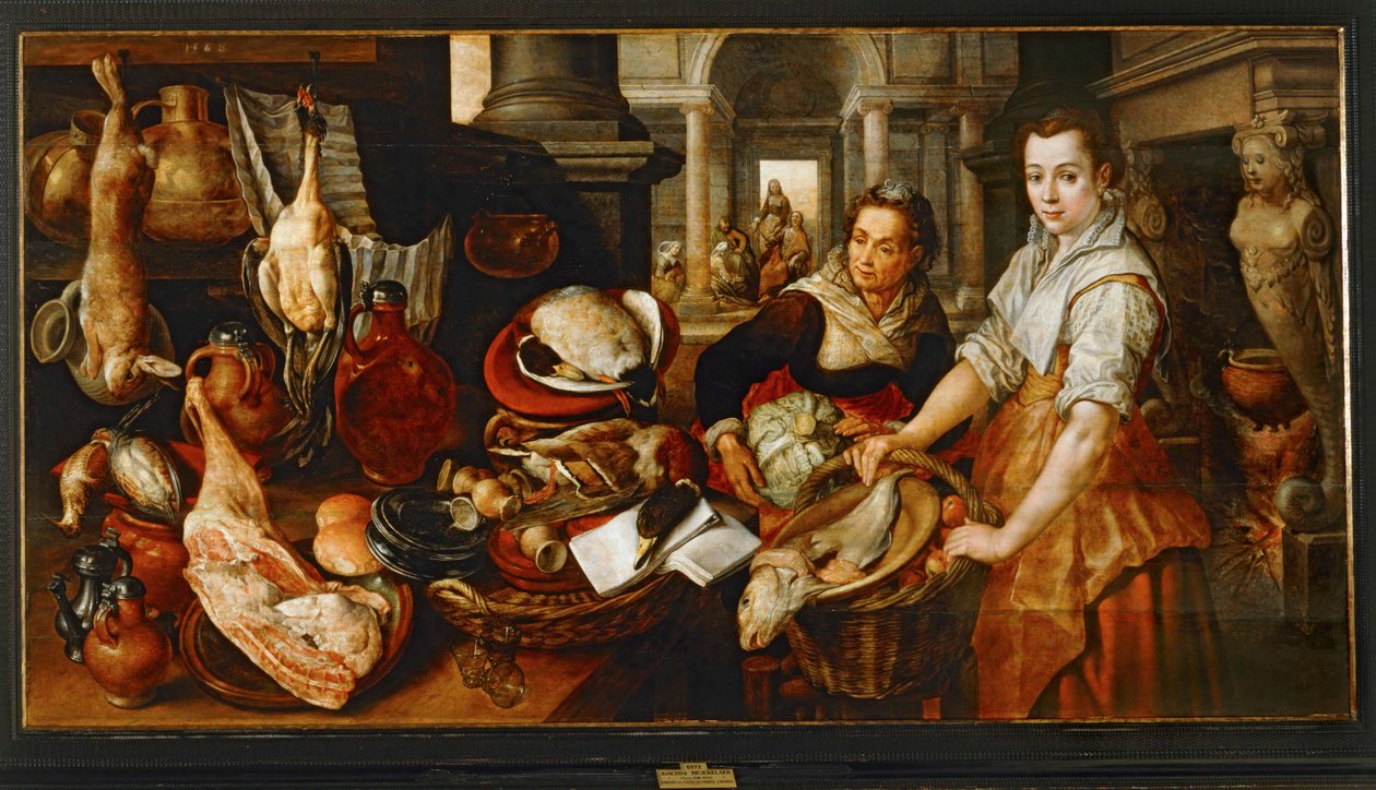 Jesus Cristo em casa de Marta e Maria ... (pintura sobre tela) de Joachim Bueckelaer